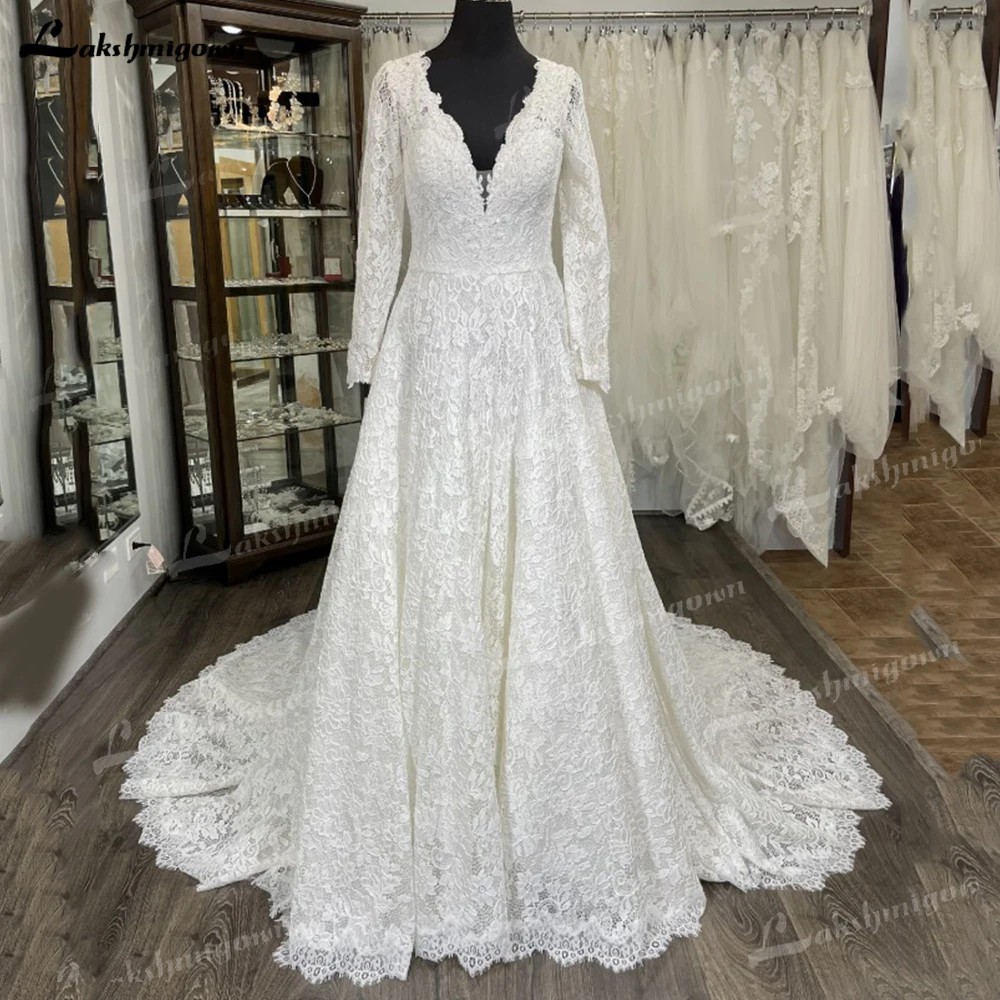 

A-Line Soft Plus Size Wedding Dress Luxurious Bridal Gown Romantic Illusion V-neck long Illusion Lace Sleeves Custom Made