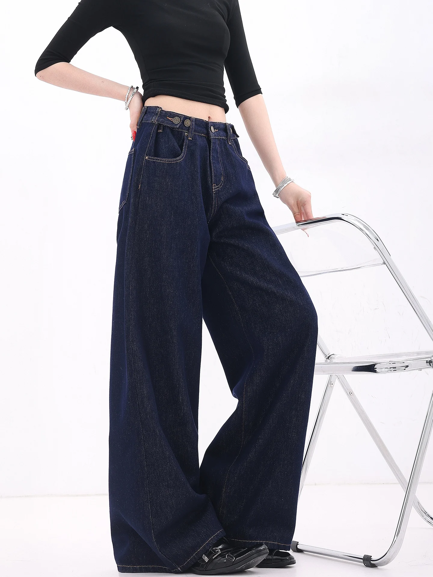 

Джинсы KEN STUDIO Spring American Dark с регулируемой талией, широкими штанинами, драпировкой и свободным кроем, женские, в пол