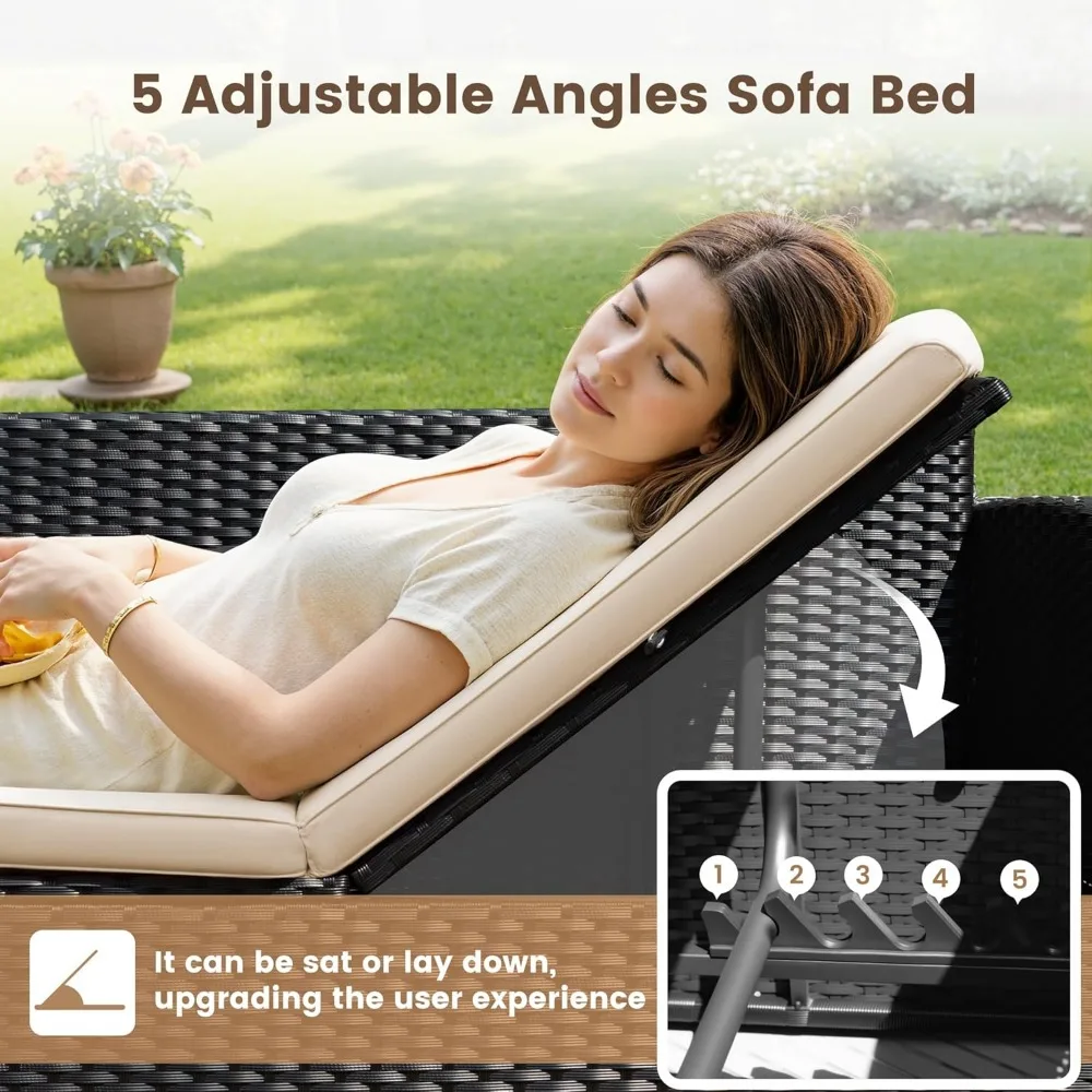 مجموعة محادثة الفناء 4 قطع أثاث خارجي مجموعات PE الخوص الروطان أريكة الفناء الاقسام قابل للتعديل جميع الأحوال الجوية مع C #4