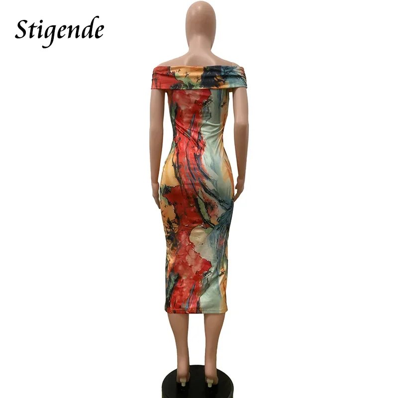 Stigende Stylish Slash Neck Skinny Midi Pencil Dress Women Sexy Off Shoulder Tie Dye Print Dress