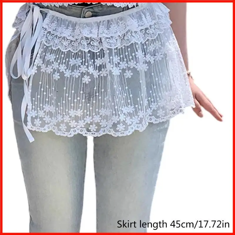 Corea ver través flores encaje mini delantal falda cadera cubriendo sobretensura bufanda