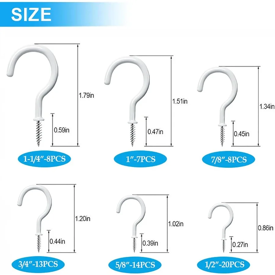 70 قطعة خطافات السقف للتعليق 6 أحجام الأبيض الفينيل المغلفة كأس المسمار السنانير لتعليق النباتات أضواء عيد الميلاد أكواب ديكو 1 2" #2