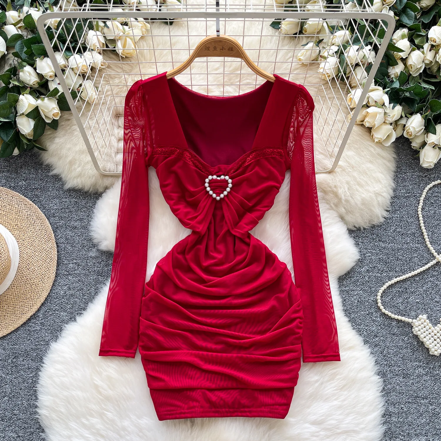 

Beaded Mesh Dresses Women Pleated Dress Twist Knot Square Collar Long Sleeves Mini Length Cinched Waist Slim Casual 2025 Autumn