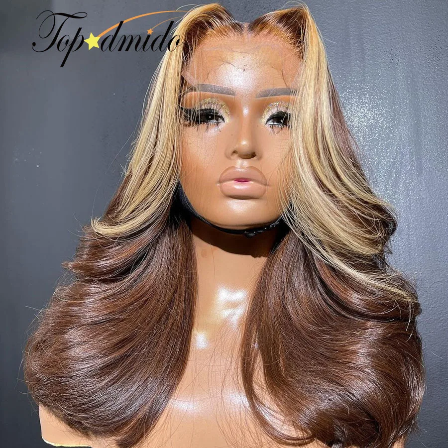 Topodmido Highlight Blonde Color Short Human Hair Wig with Middle Part Brazilian Hair 13x4 Lace Front Wig with Baby Hair