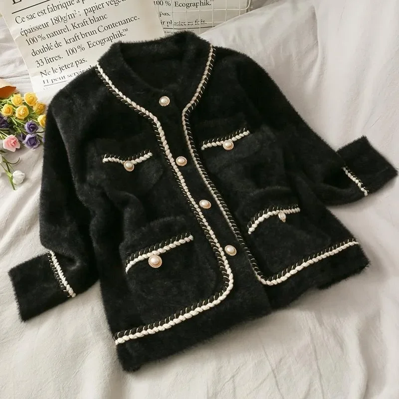 2025 New Women's Autumn/Winter Thickened Knitted Sweater Cardigan Loose-Fit Mink Imitation Jacket Plus Size Top