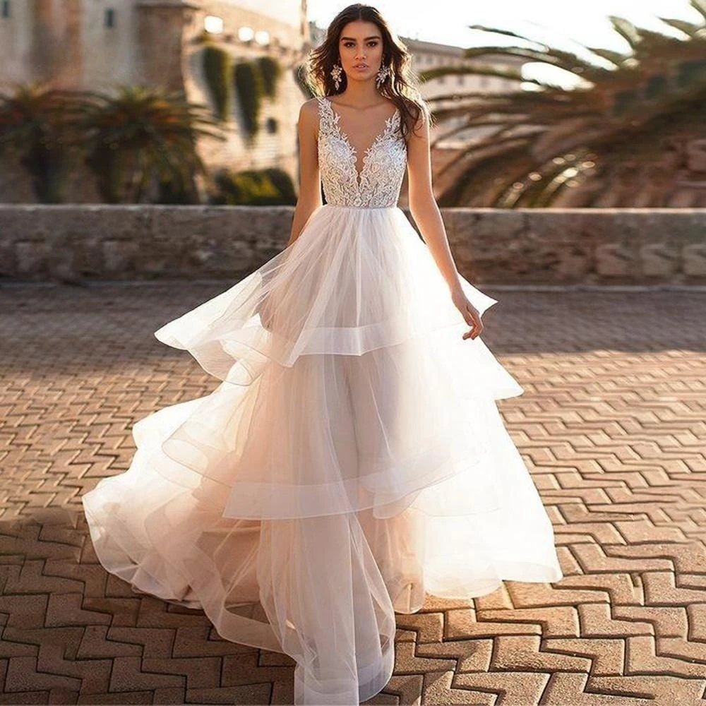 

Sexy V-neck Vestidos De Novia Appliques Vestido De Noiva Ruffles Backless Beach Wedding Dress 2023 Lace Robe De Mariée