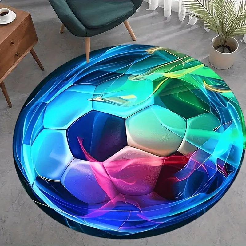 VIKAMA Neon-Style Colorful Soccer Ball Round Rug, Non-Slip Gaming Chair Mat, Sound-Absorbing Soft Bedroom Rug, Home Decor