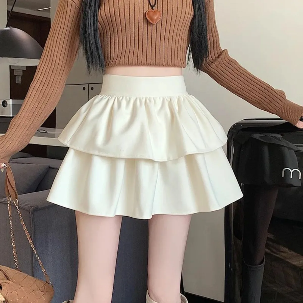 

Шерстяная пышная юбка-трапеция - зимняя двухслойная мини-торт, пышная многоярусная юбка с высокой талией, шикарная и утягивающая кавайная одежда