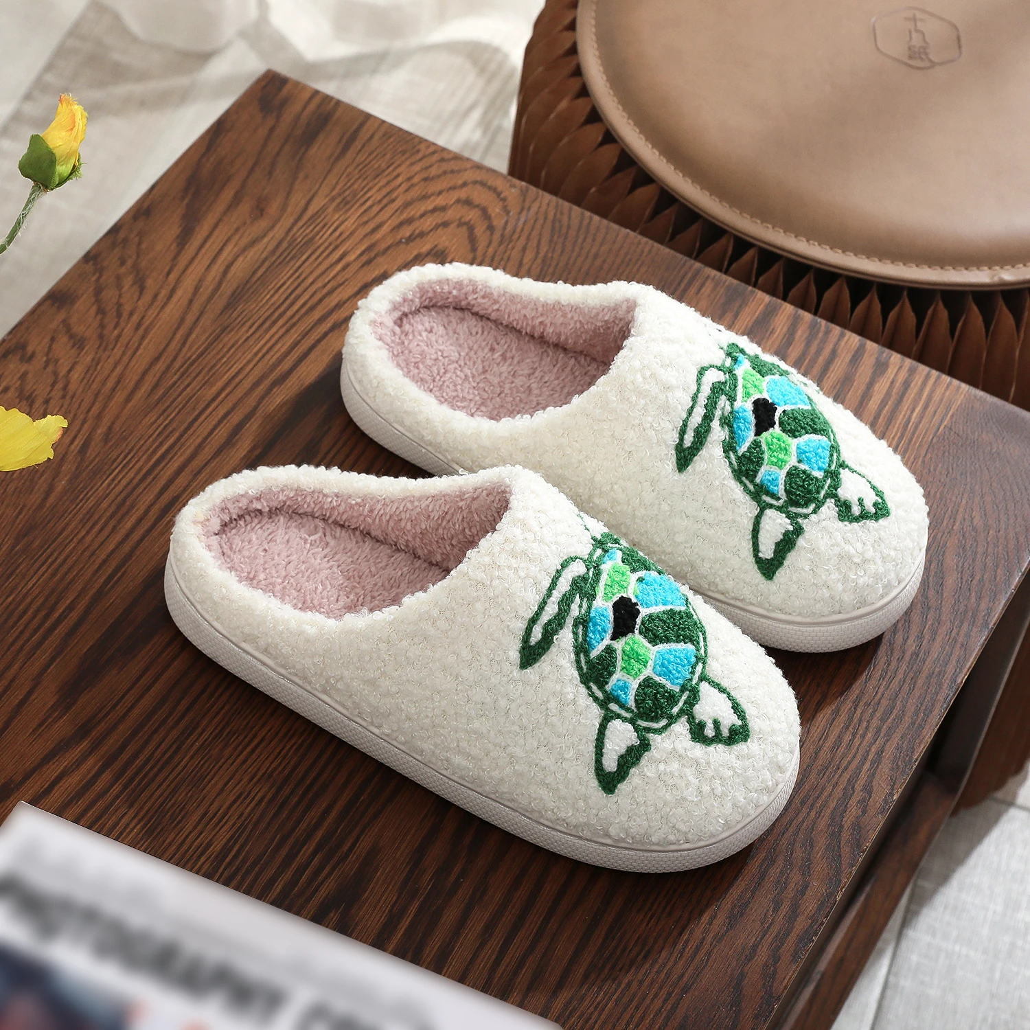 Plush Home Thick-Soled Comfortable Plush Cotton Slippers with Marine Animal Turtle Pattern Embroider, Cute Warm Non-Slip Indoor Slippers, Personalized Gifts for Men and Women to Wear image 3