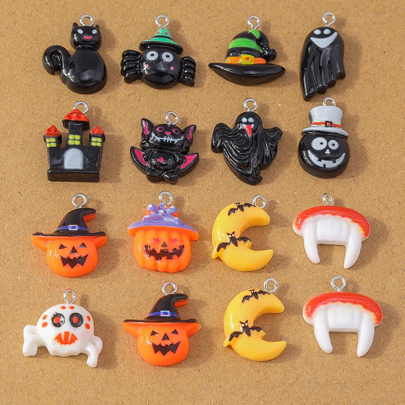 

10pcs Cute Resin Halloween Charm Bat Ghost Pumpkin Pendants for Earrings Necklace DIY Bracelet Jewelry Making Accessories