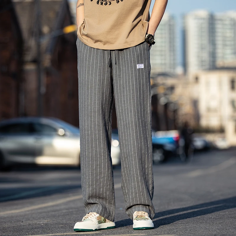 

Men's Summer Thin Cotton Linen Pants Striped Wide Leg Casual Leisure Vintage Straight Cut Trousers Bla White Faionable Brand