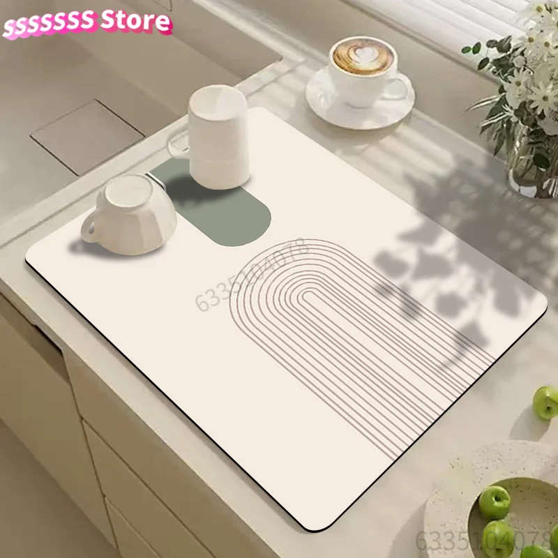 Alfombrilla de secado de vajilla, alfombrilla de secado con patrón geométrico, alfombrilla de drenaje impresa minimalista de alta gama, alfombrilla para máquina de café, alfombrilla para cocina