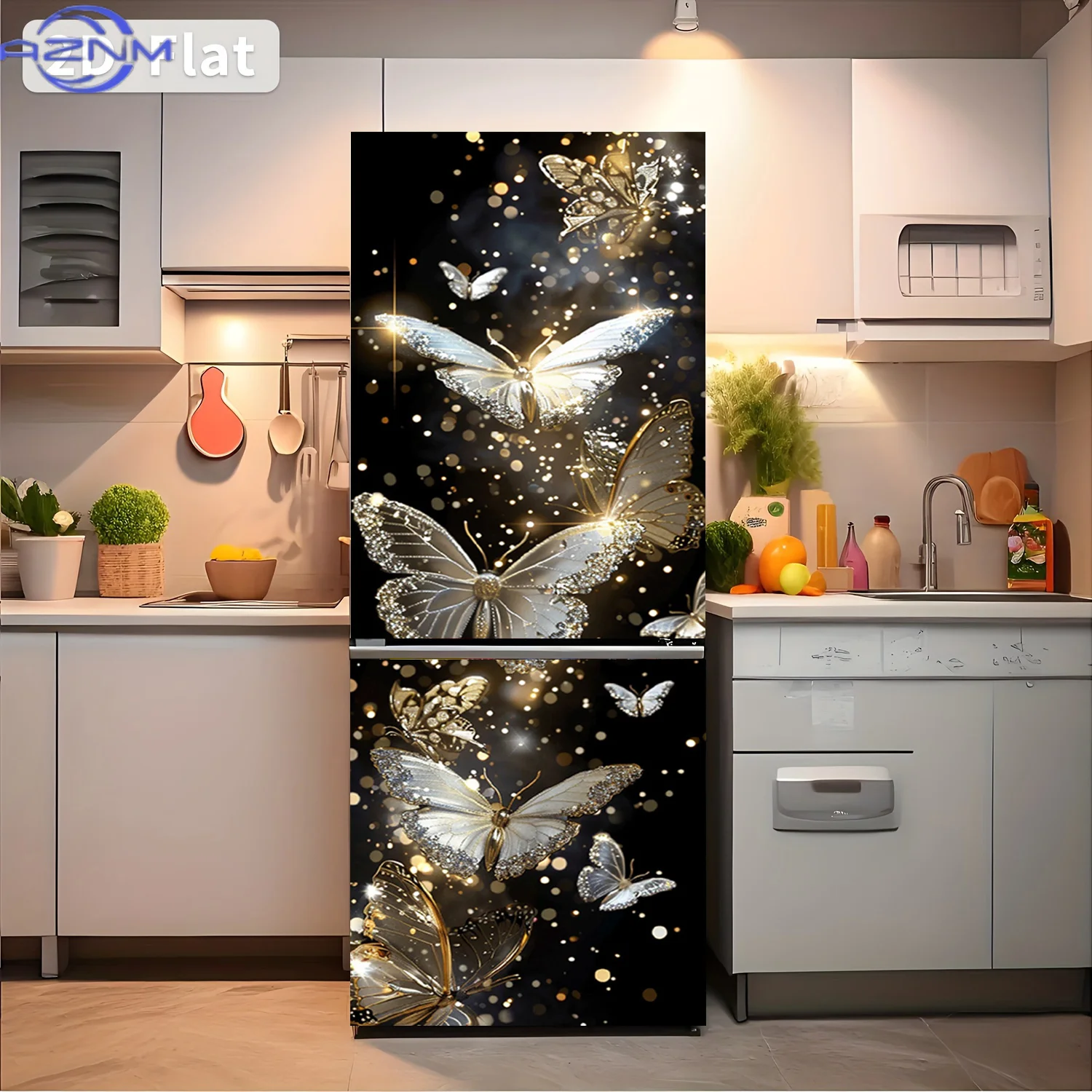 Printing Refrigerator Sticker  Dazzling Butterfly Pattern Themed Design Wall Sticker Decorative Wallpaper Self-Adhesive Suitab