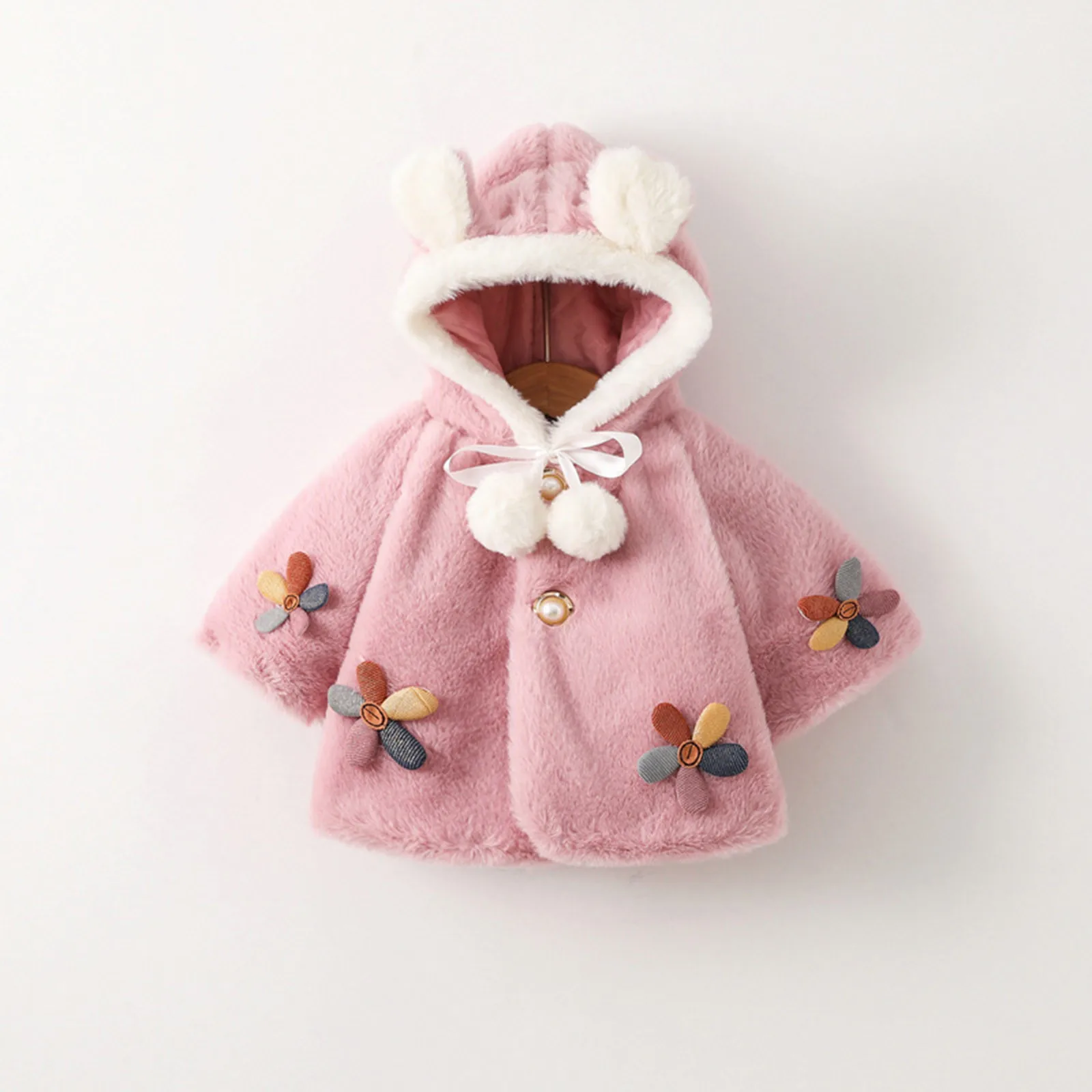 Winter Girls' Girls Coat New Colorful Flower Color Blocked Rabbit Ear Hooded Bat Sleeve Fashionable and Cute Warm Cotton Jacket