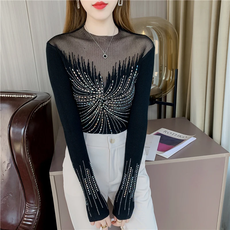 

Knitted Top Women Soft Elastic Long Sleeve Autumn Winter Elegant Sexy Perspective Mesh Color Diamond Pullover Sweater