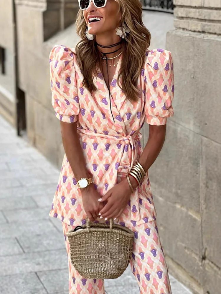 

Elegant Printed High Waist Pants Set Casual Puff Sleeve V-neck Lace Up Blouse Suit Women 2025 Summer Daily Commute Street Wear