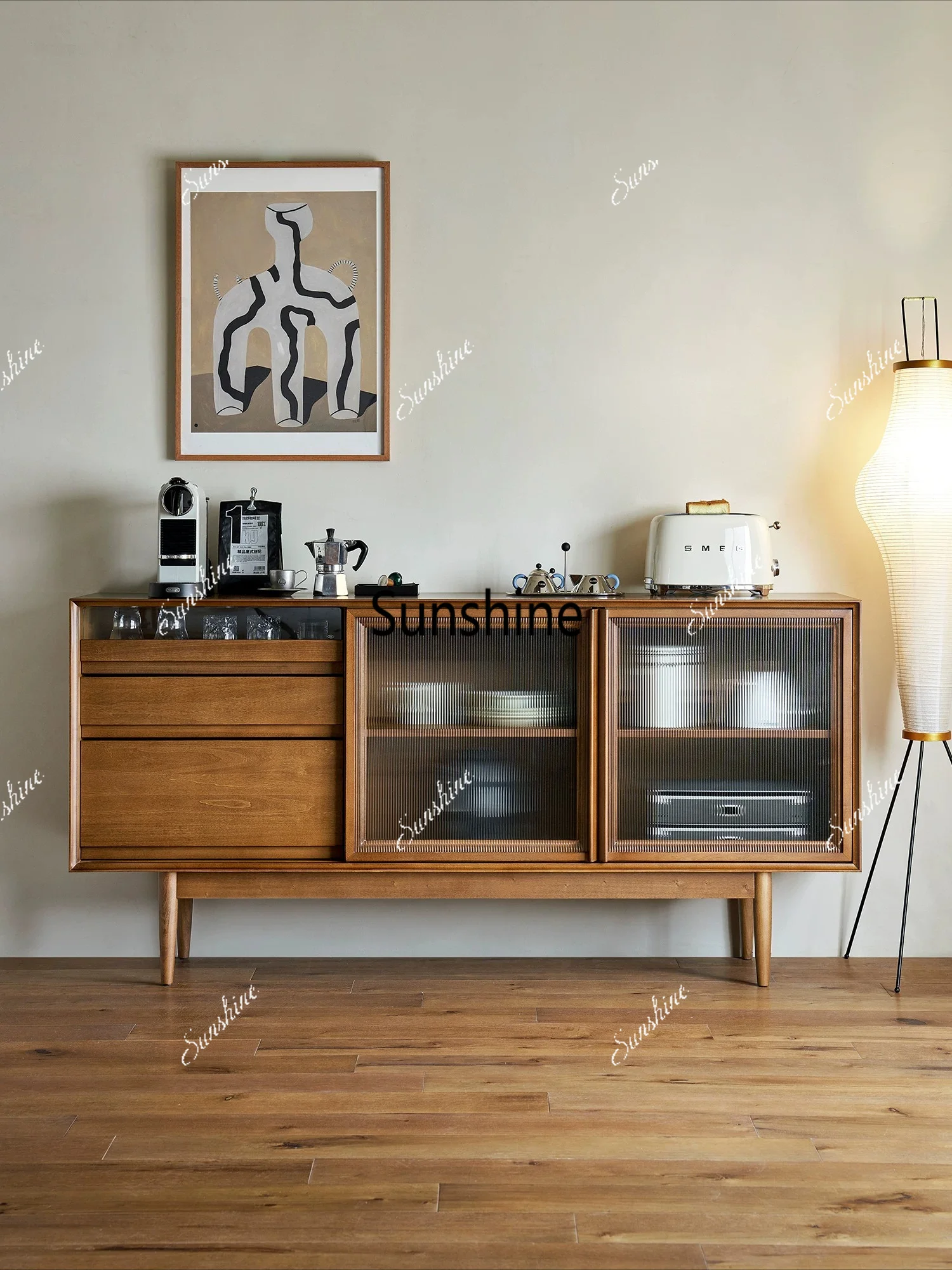 Solid wood Nordic living room coffee cabinet glass door simple storage storage chest