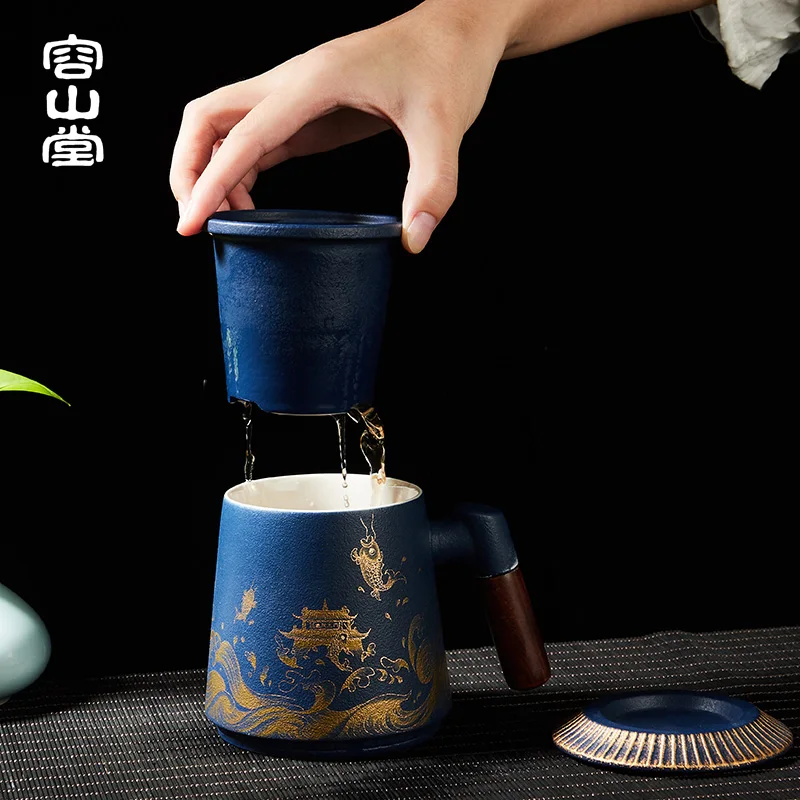 

Ceramic Starry Blue Glaze Mug Chinese Large Capacity Household Water Cup Wooden Handle Office Strainer Tea Brewing Cup