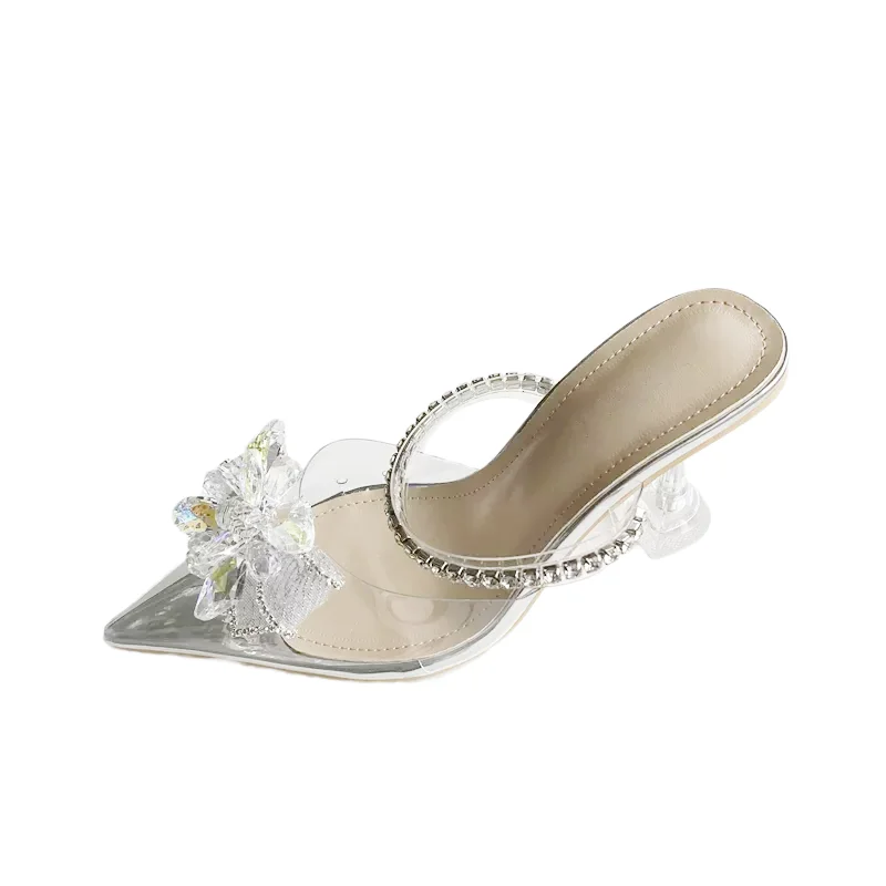 Eilyken Fashion String Bead Crystal Buckle Women Pumps Sexy Pointed Toe Low Heels PVC Transparent Sandals Wedding Prom Shoes