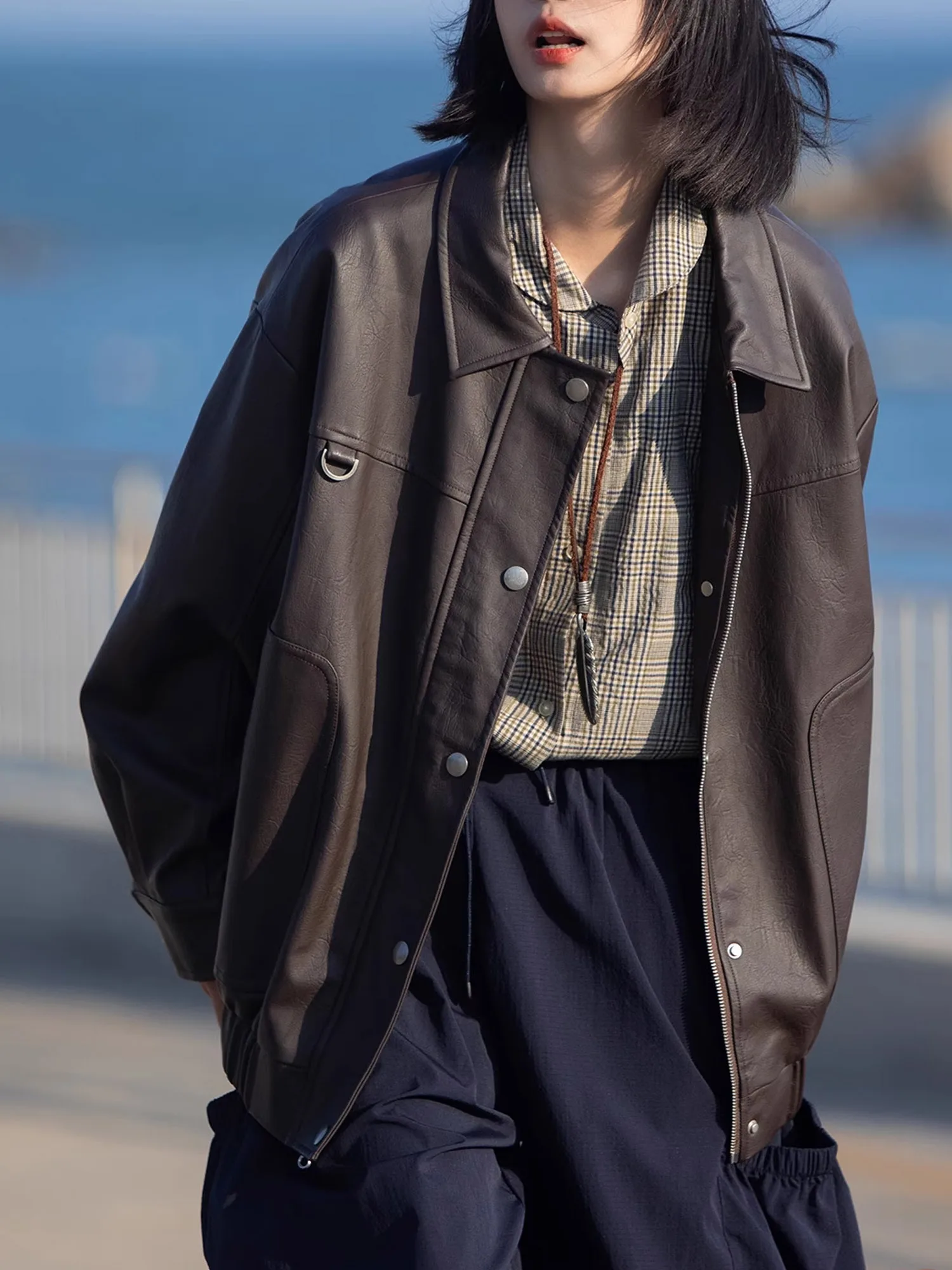 الرجعية اليابانية الشارع Sle الخريف Jaet التخسيس تصميم معطف جلد المرأة Faionable مستقيم قطع طويلة Sve سستة