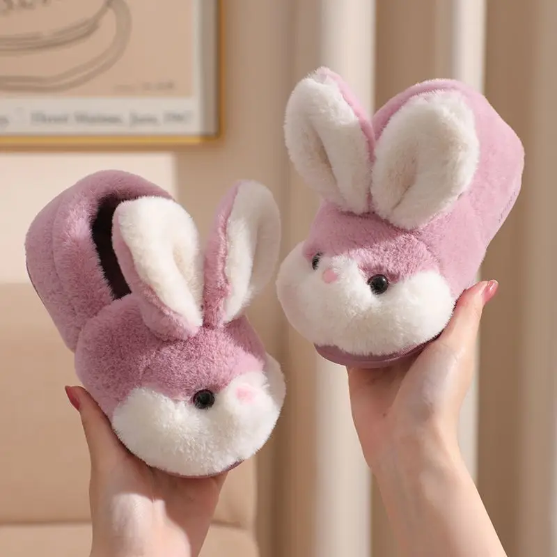 New Winter Cute Rabbit Cartoon Warm Cotton Slippers Children Baby Girls Indoor Floor Flat Non-Slip Heel Wrap Home Plush Shoes