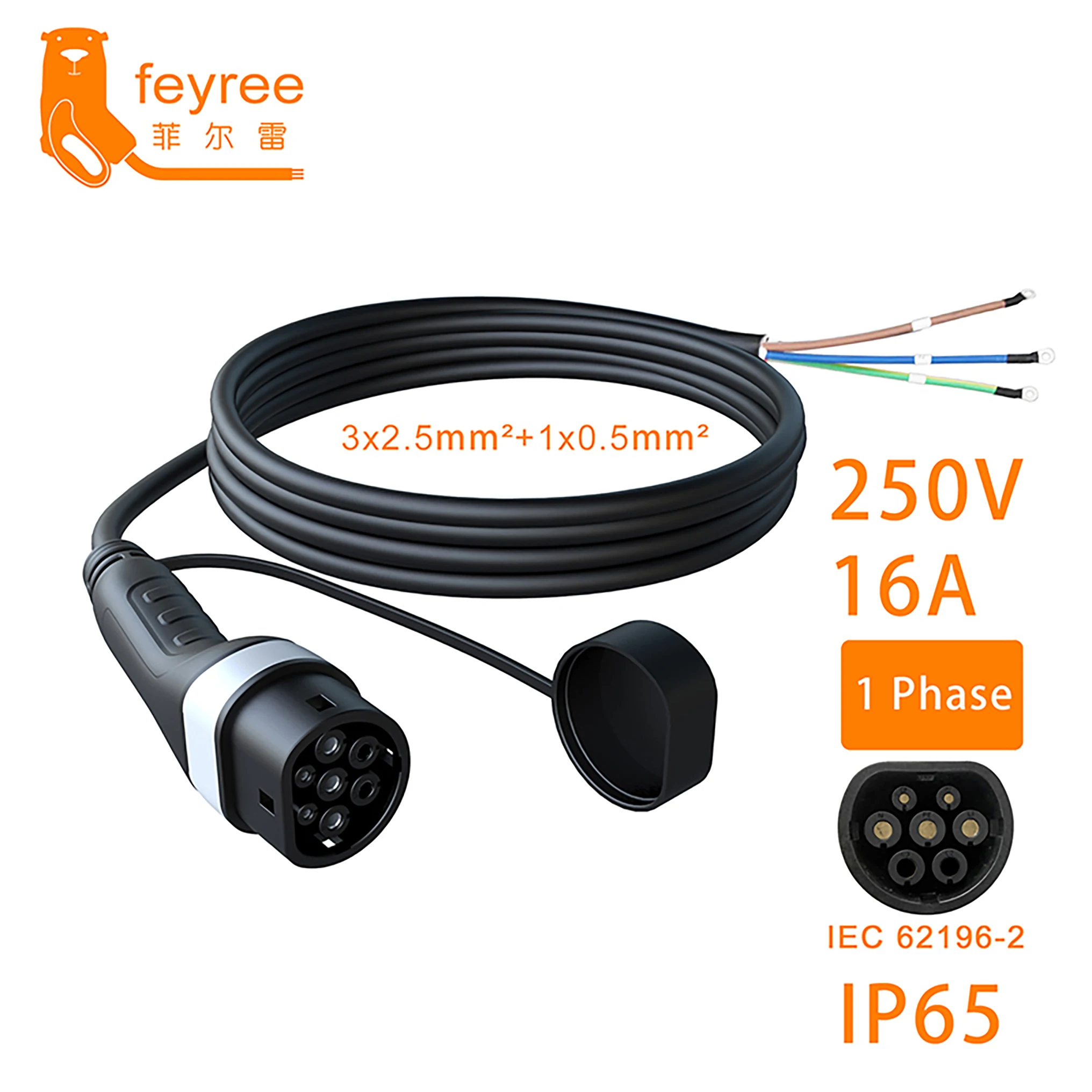 Feyree EV-Ladestecker Typ 2 Steckdose 5m Kabel 16A 3,5kW 32A 7kW 1-Phasig für Fahrzeugseite 16A 11kW 32A 22kW 3-Phasig für Elektrofahrzeuge – Detail 3