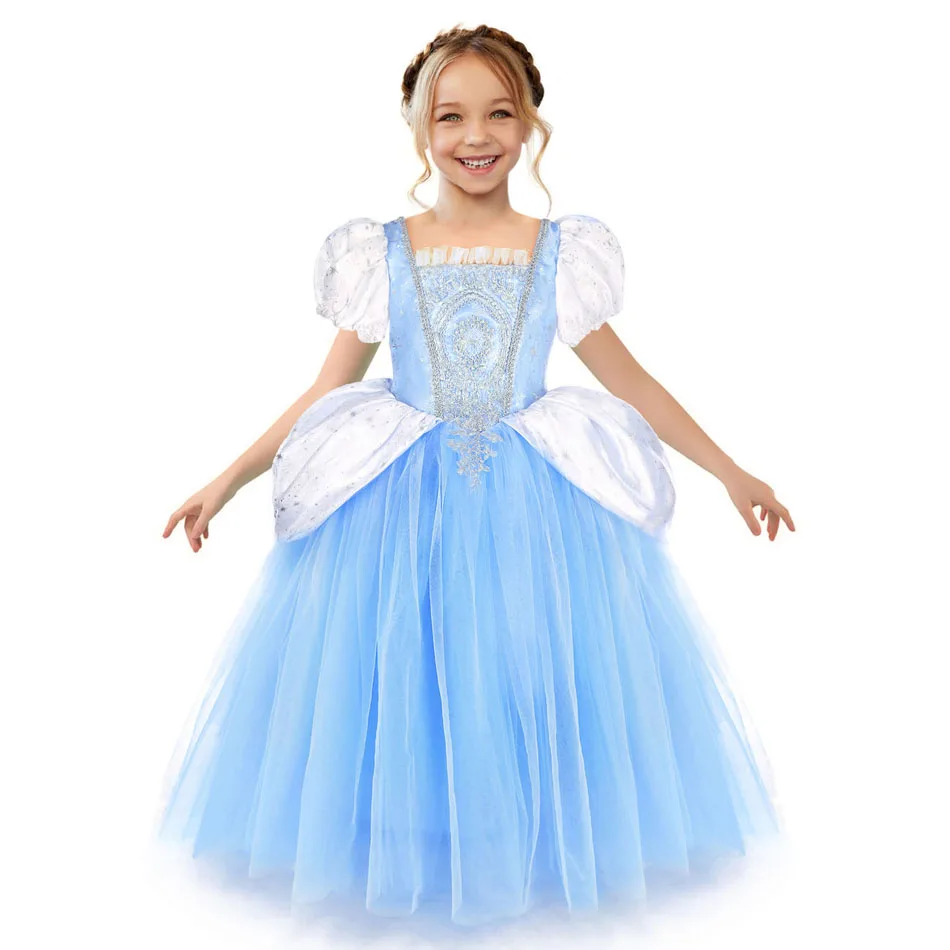 Deluxe Lace Embroidered Fluffy Princess Cinderella Costume Halloween Disney Theme Cosplay Dress Child Girl Birthday Party Outfit