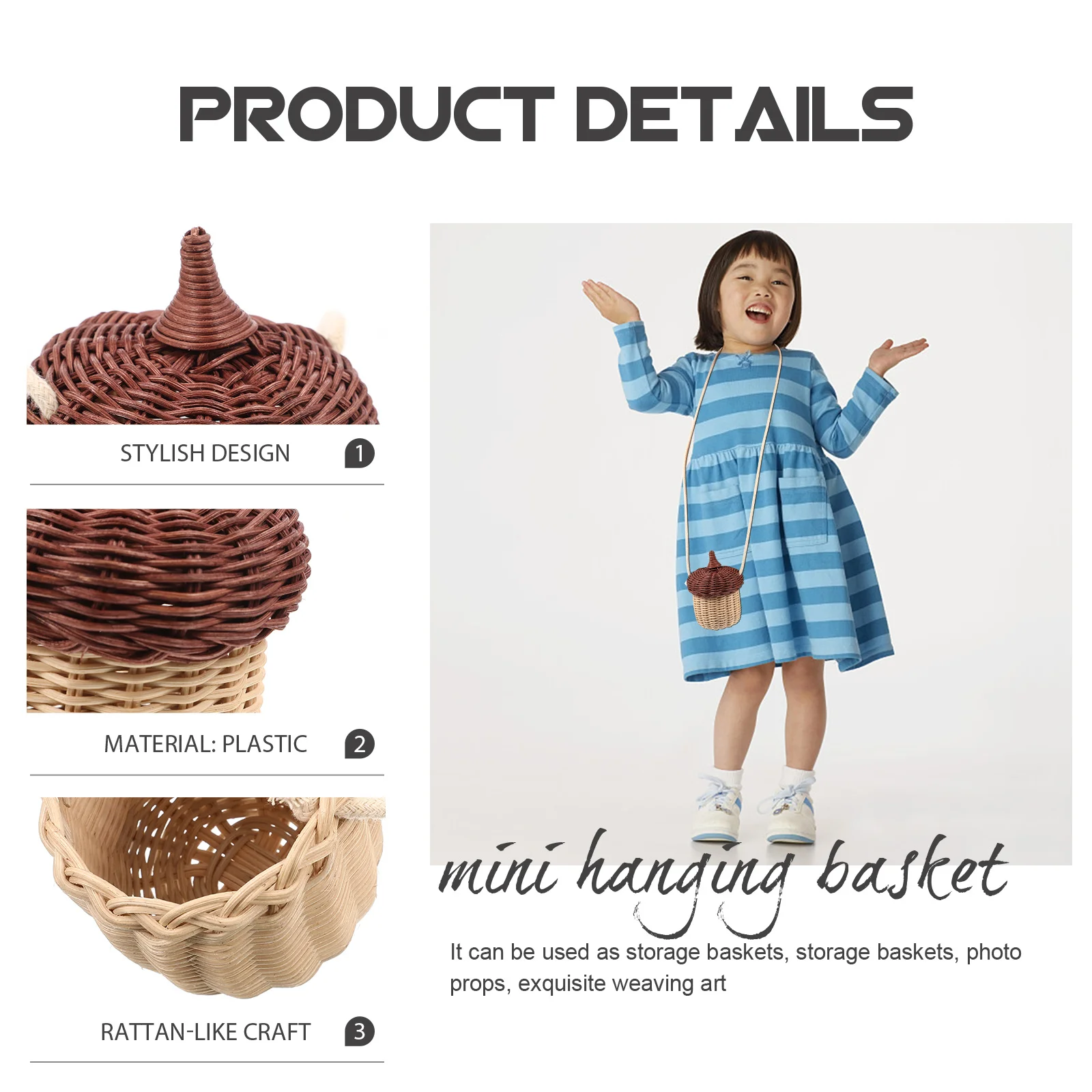 

1Pcs Crossbody Bag Mini Rattan Woven Acorn Shape Hanging Basket Sliding Lid Storage Bag Photo Prop Mini Rattan Woven Basket