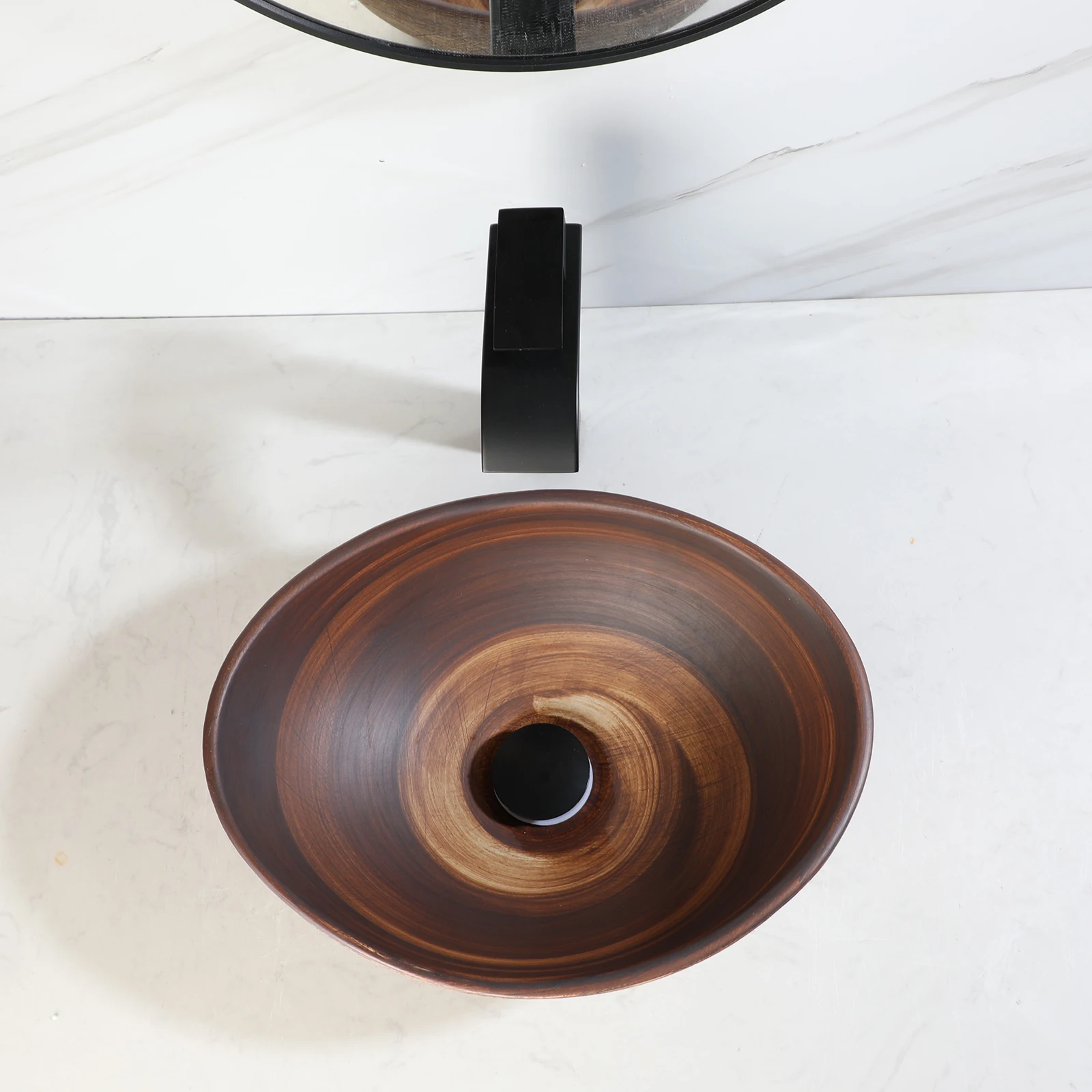 ZAPPO Oval Retro Wood-Grain Ceramic Vessel Sink Set, Matte Black Faucet Combo, Vintage Bathroom Above-Counter Basin Vanity Kit