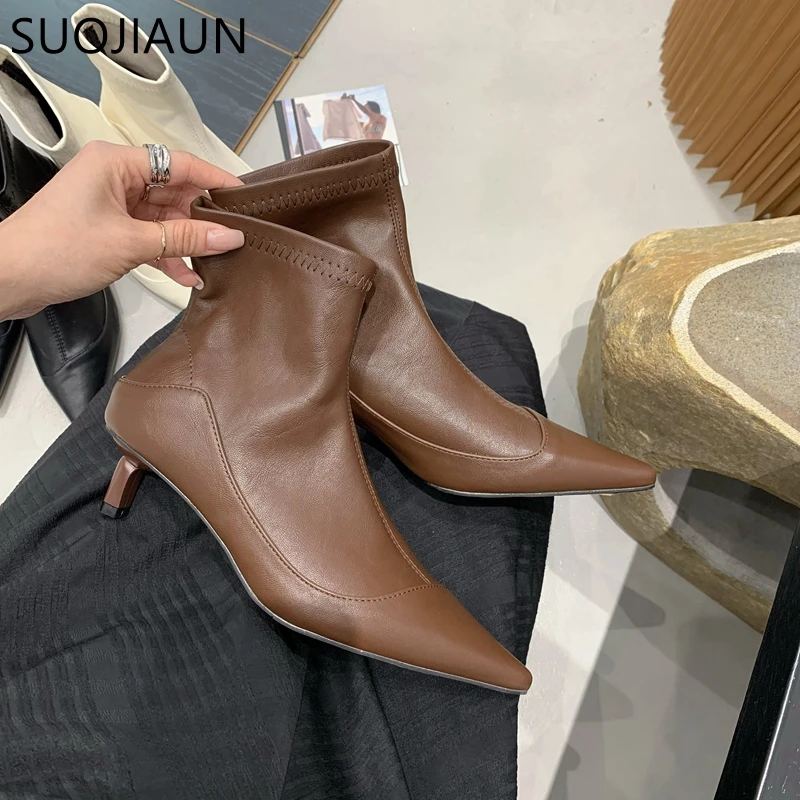 SUOJIALUN Winter New Thin Low Heel Women Ankle Boots Fashion Pointed Toe Slip On Chelsea Boots Shoes Soft Leather Short Boots