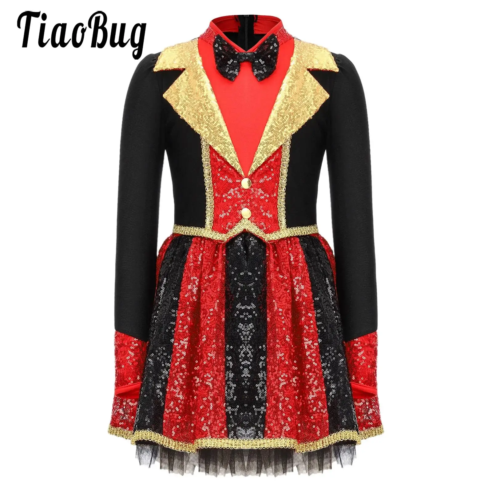 

Kids Girls Circus Ringmaster Costume Lion Tamer Halloween Fancy Dress Up Sequin Gold Webbing Trim Long Sleeve Bow Tie Tutu Dress