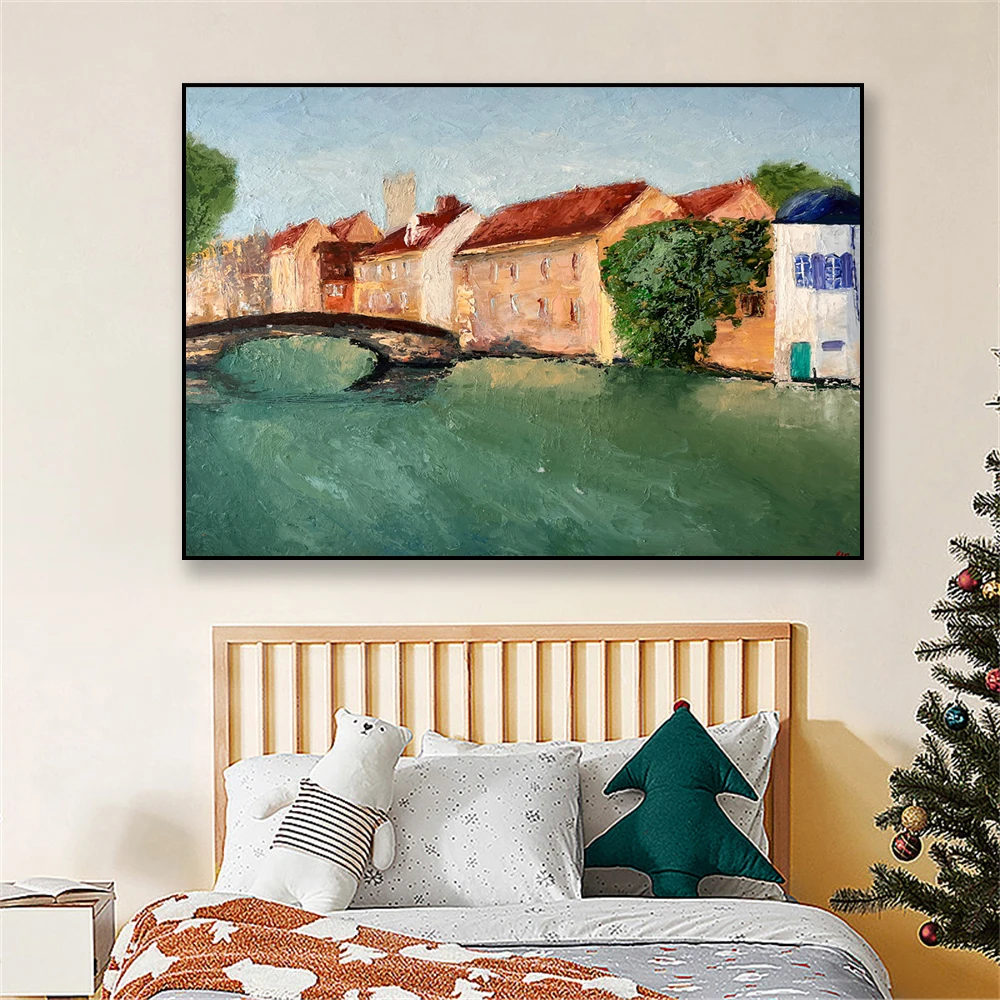 City Brugge Oil Painting Poster Cityscape Painting Prints Belgium Painting Wall Art Office Decor Reading Room Canvas Painting