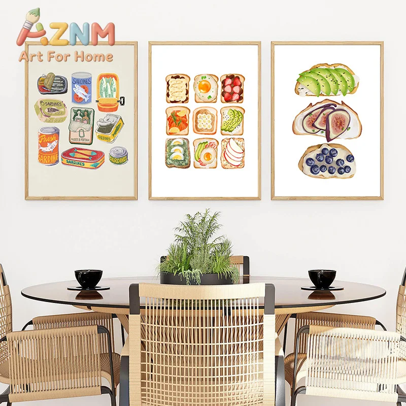 1pc frameless Canvas Painting Kitchen Food Toast Sardines Posters and Prints Canvas Printing Cute Dining Room Wall Art Picture f