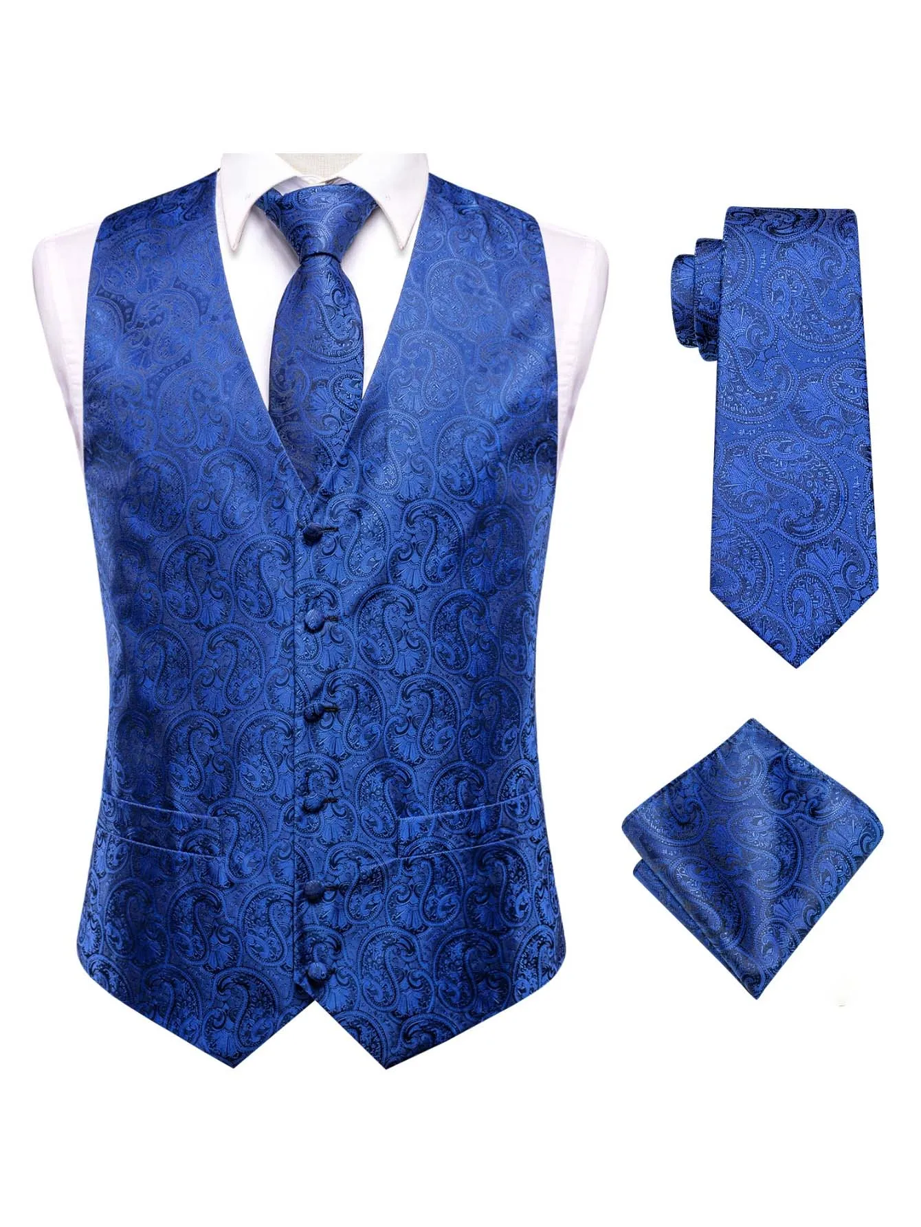 VERVEROW Royal Blue Paisley Printed Waistcoat Tie Pocket Square Set for Wedding Party Elegant Luxury Men Formal Outfit 3PCS