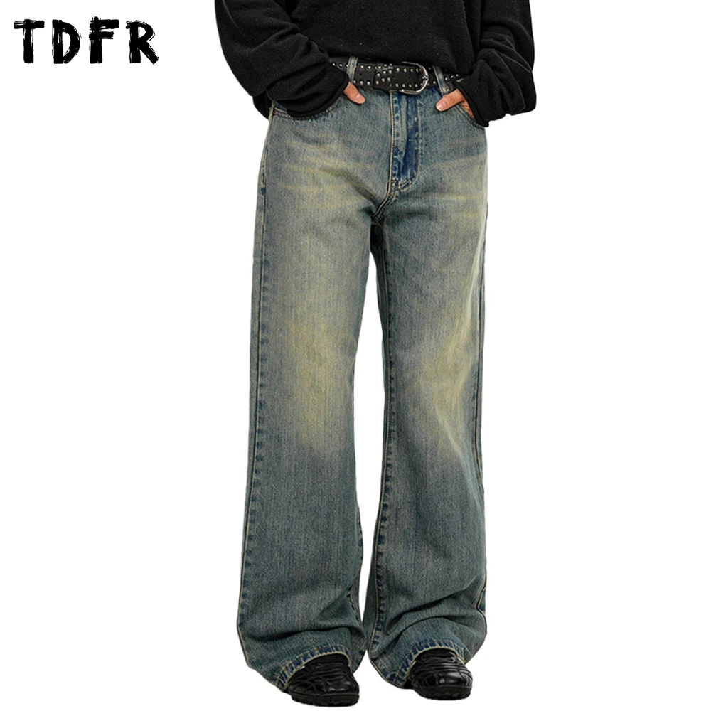 

Прямые джинсы с карманами, мужские осенне-зимние потертые повседневные мешковатые джинсовые брюки в стиле ретро