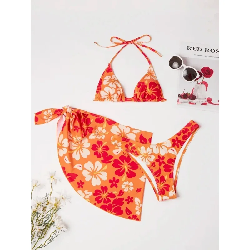Costume da bagno micro bikini con motivo floreale donna sexy bikini a triangolo con lacci gonna copricostume estate 2025 nuovi bikini da spiaggia 3 pezzi