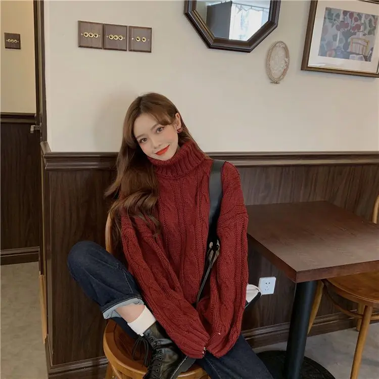 

Japanese High-Neck Thick-Threaded Twist Sweater Women Loose Autumn Winter New Retro Pullover Lazy Style Comfortable Design Top