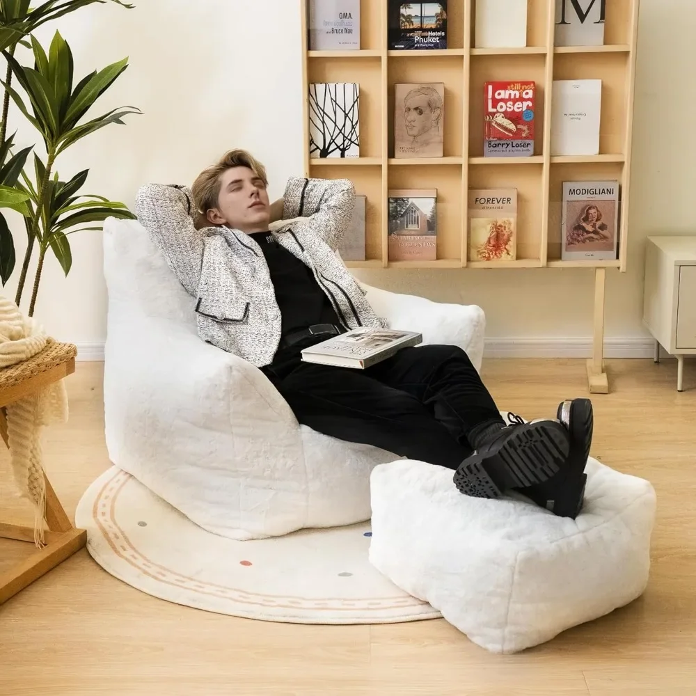 Bean Bag Chair with Ottoman, Armrest Bean Bag Chair with Filler, Ultra Soft Fluffy Faux Fur Bean Bag Chair with Foot Rest