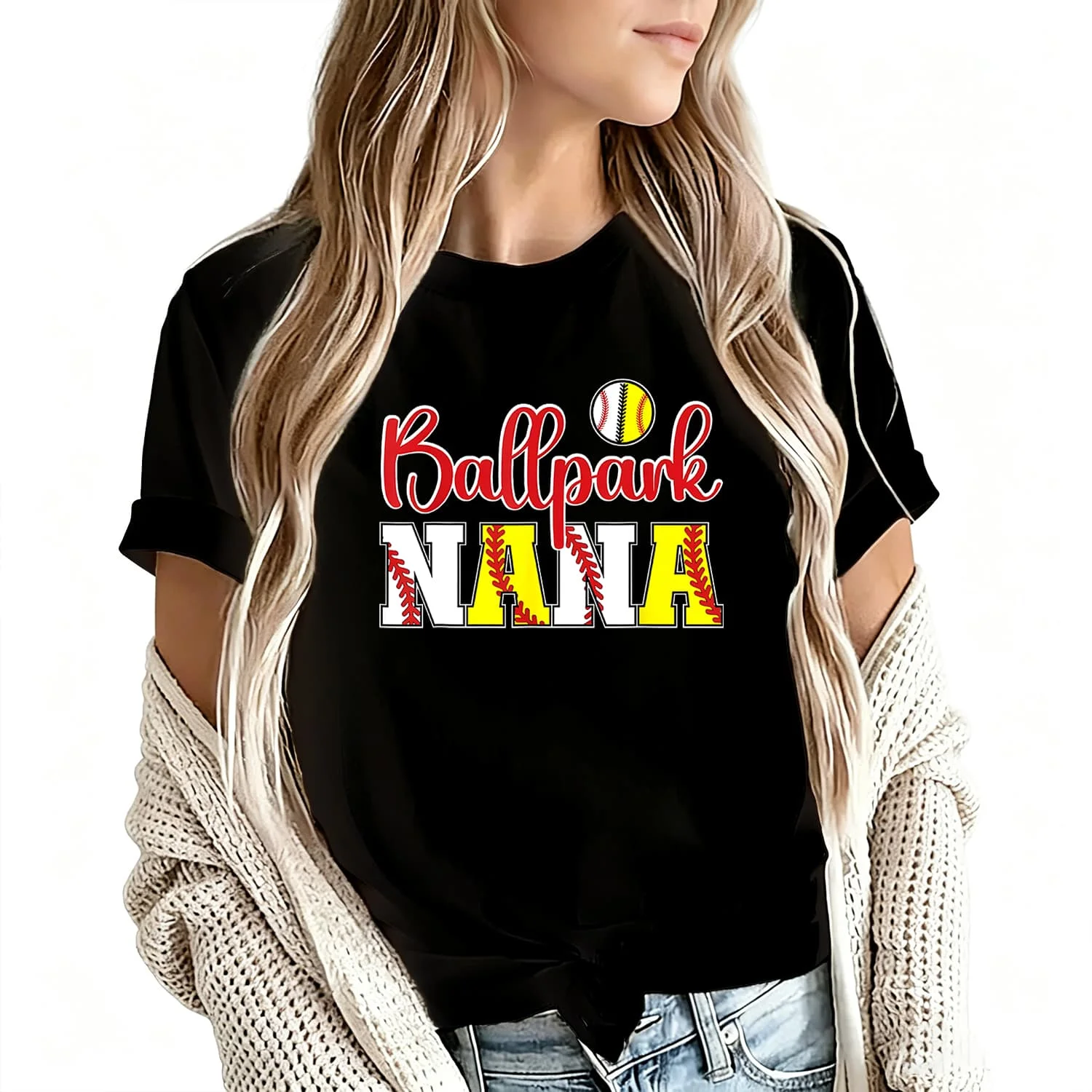 Ballpark Nana Softball Baseball Nana Grandma Women's T-Shirt 100% Cotton Funny Graphic Short Sleeve Tee Novelty Shirt Casual Crew Neck Top S-5Xl