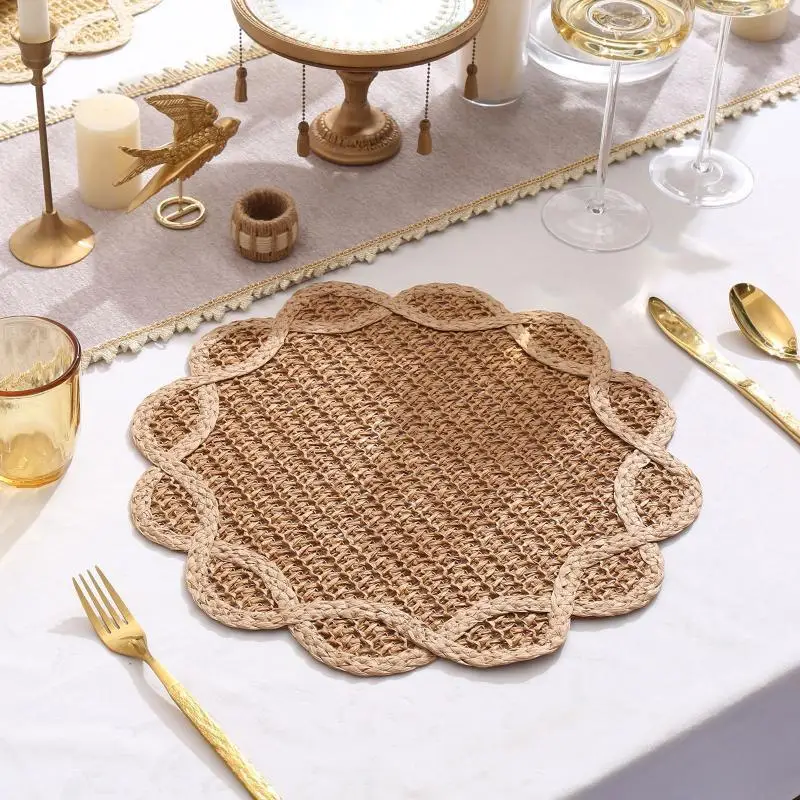 Flower Pattern Paper Woven Placemat Heat Insulation Waterproof Dining Mat for Home Party Wedding Table Decor Photo Prop