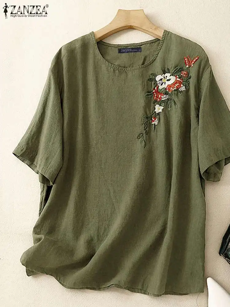 ZANZEA-Blusas Vintage de media manga para mujer, Tops sencillos con bordado Floral y cuello redondo, con botones sueltos e informales, para verano, 2024