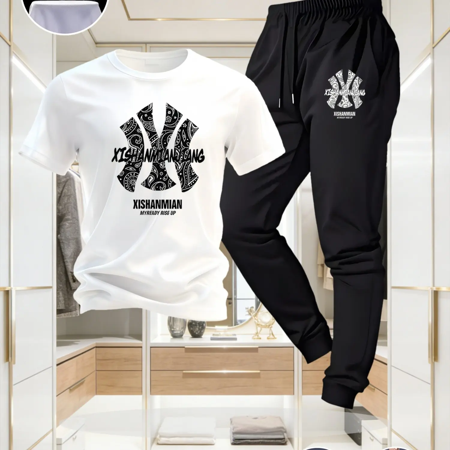 

Men's 2-piece casual sports set oversized white cotton T-shirt and black joggers with matching leg print suitable for all season