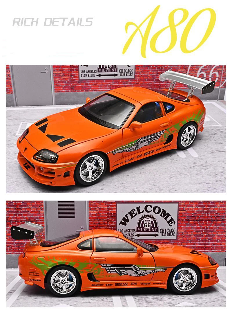 1:24 Brian Supra A80 JDM Supercar Alloy Car Model Sound and Light Pull Back Car Model Collectibles Birthday Gift