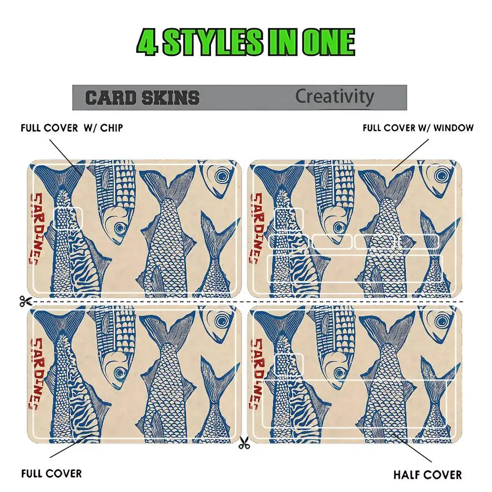 الملونة السردين جراد البحر الأسماك الجلد HD ملصقات بطاقة الألعاب صائق مقاومة للخدش لبطاقة الخصم الائتمان رقاقة صغيرة كبيرة