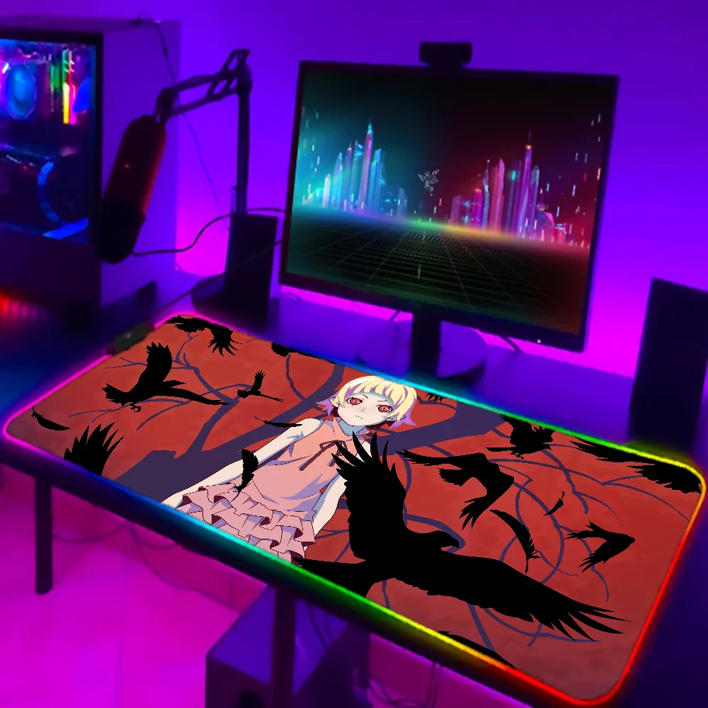 1pc Anime Shinobu Oshino Monogatari Series XXL RGB Gaming Mouse Pads HD Black Gamer Accessories Large LED