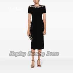 Heyday السعودية O-Neck Beaded Crepe Straight Short Sleeves Ruffle Tea Length Sexy Elegant Prom Dress For luxurious Woman 2024