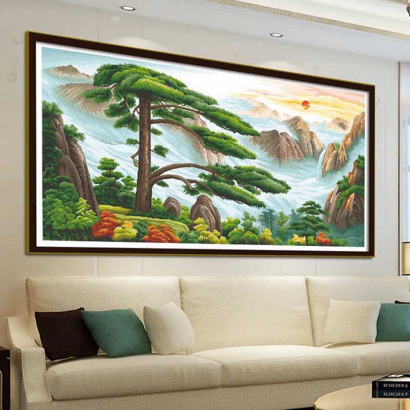 

A Chinese-Style Welcoming Pine Tree Landscape Painting Cross-Stitch Kit, DIY Large-Size Printed Embroidery, Handicraft Material Package, Living Room Decorative Hanging Painting