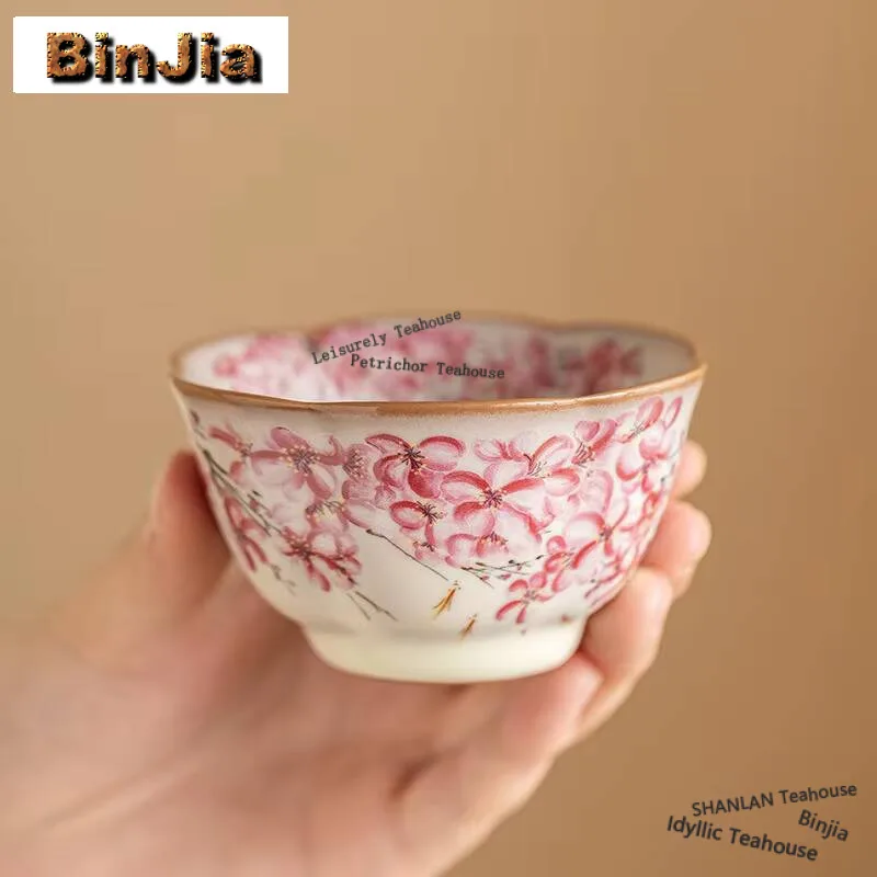

50ml High-end Lard Jelly Ru Kiln Teacup Pink Fish Play Pear Blossom Tea Bowl Personal Flower Mouth Cup Mug Women's Single Master