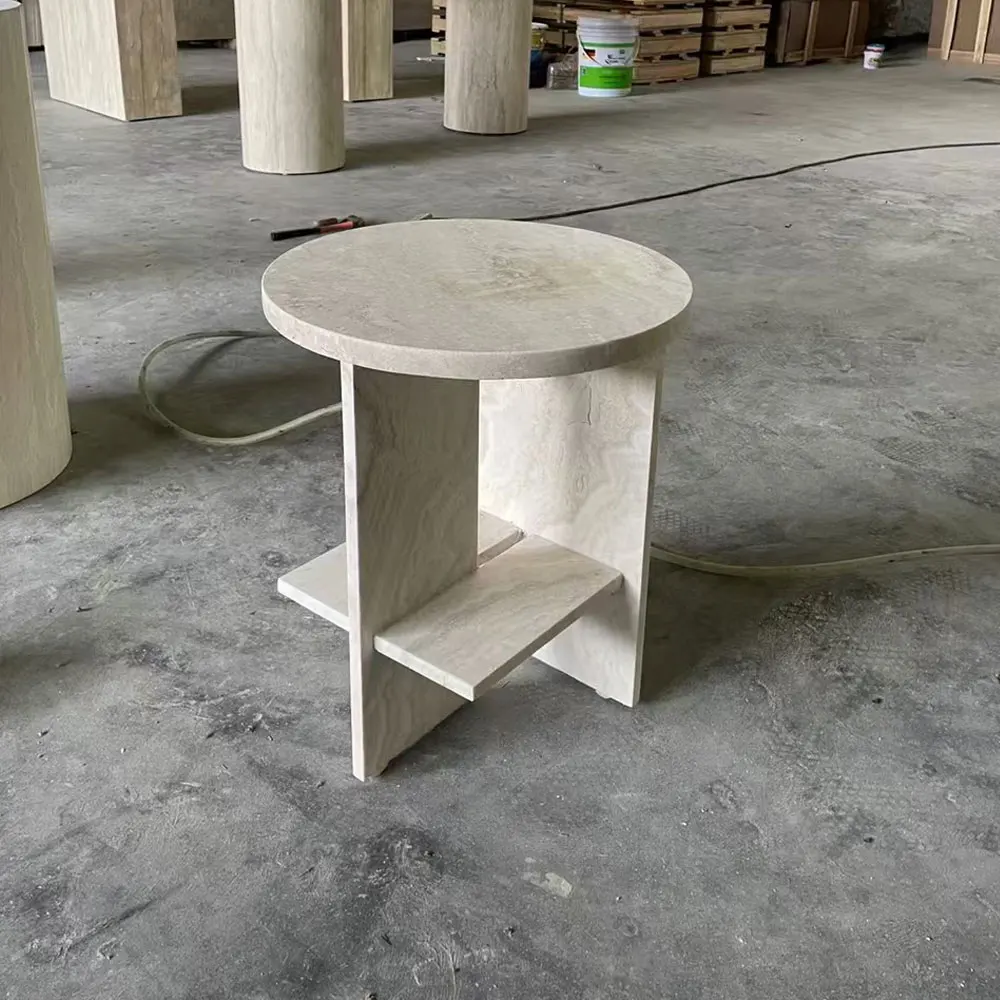 Customized Natural Stone Bedside Table Living Room Furniture Beige Travertine Marble Side Plinth Table