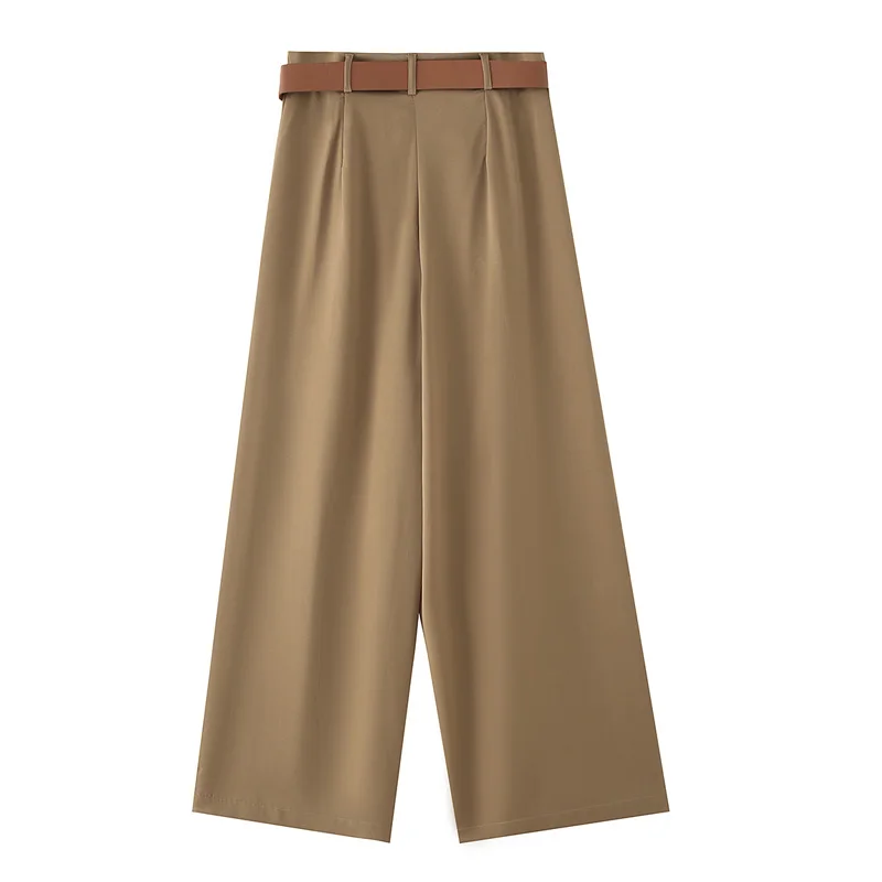 HXAO Geplooide Vrouwen Satijnen Broek Zomer Baggy Brede Vloeistof Broek Vrouw Riem Kantoor Casual Lange Broek Hoge Taille Damesbroek